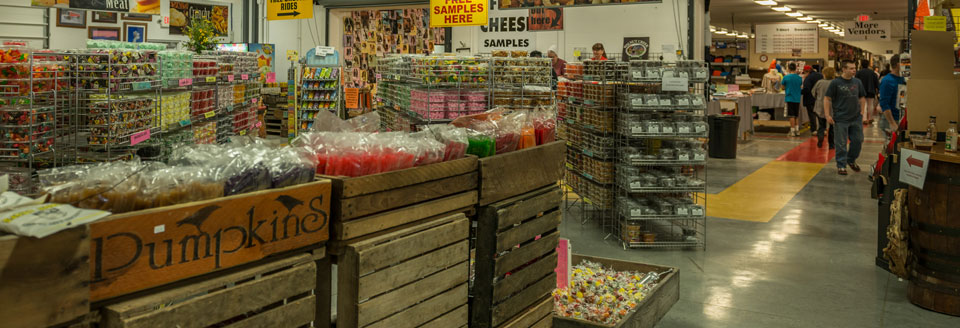Wide variety of bulk foods at the Walnut Creek Amish Flea Market in Holmes County near Sugarcreek, Ohio in Amish Country, shop antiques